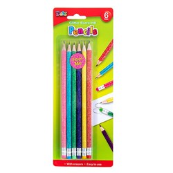Pencil Glitter Barrel HB 6pk w Eraser