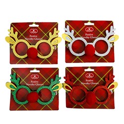 Glasses Glitter Reindeer Xmas 4 Asstd