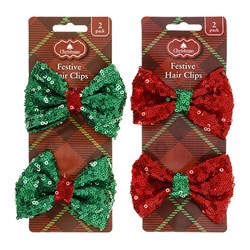 Hair Clip Sequin Bow 2pk Xmas 2 Asstd