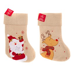 Stocking Xmas Linen Embroided Santa/Reindeer 20x40cm