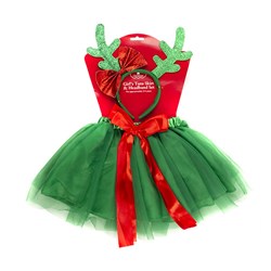 Girls Xmas Tutu Skirt Headband Green w Red Bow 3-5yrs