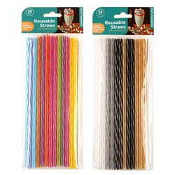 Straws Reusable Straight w Cleaner 4 Asst 24pk 25cm
