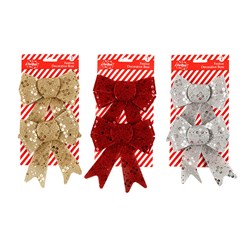 Bow Xmas Glitter 2pk 3 Asstd 13x17cm