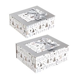 Gift Box Xmas Set 2 Rect w Silver Foil and Bow