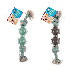 Dog Toy Rope Double Tug w TPR 2 Spiky Ball 28cm 2 Asst