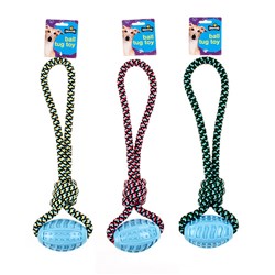 Dog Toy Rope Tug w TPR Oval Ball 42cm 3 Asstd Colours