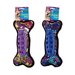 Dog Toy Stuffed Fabric Bone w TPR 12x25cm Squeaky 2 Asstd