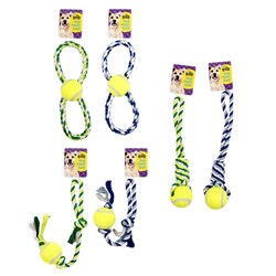 Dog Toy Rope Tug w Tennis Ball L29cm 3 Asstd Styles x 2 Cols