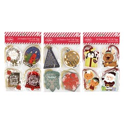 Gift Tags Xmas w Foil Strings Various Shapes 24pk 3 Asstd