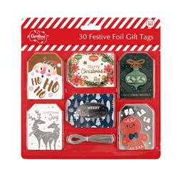 Gift Tags Xmas w Foil Strings 30pk