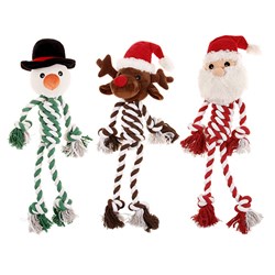 Dog Toy Xmas Rope w Plush Head L43cm 3 Asstd