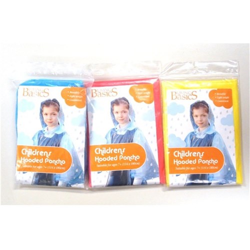 Poncho Hooded Childrens 1Pk 3 Asstd Col 114x180cm