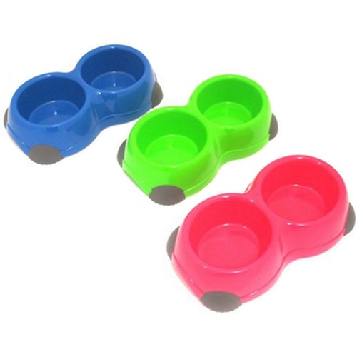 Pet Bowl Double w Antiskid Feet 3 Asstd Cols 25x14x6cm