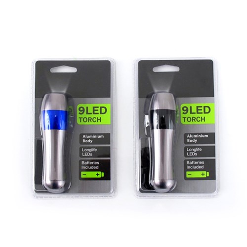 Torch Aluminium 9 Led Silver w Black or Blue Band Asstd
