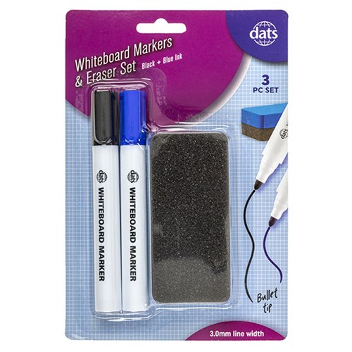 Marker Whiteboard Eraser 3pc Set Mixed Black Blue Ink