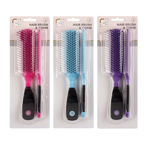 Hair Brush and Comb Set Pk2 3 Asstd Cols