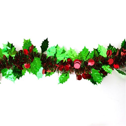 Tinsel Xmas PET 50-160mm 2M 6Ply Green Leaves Red Berries