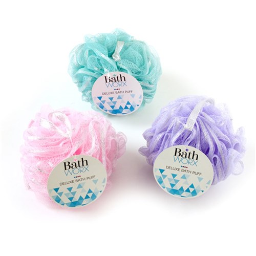 Sponge Deluxe Bath Mesh Puff w Silver Glitter Pk1 Asstd Cols
