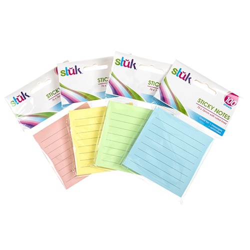 Note Sticky 76x76mm 100sheets w Lines 4 Asstd Cols
