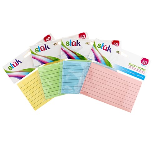 Note Sticky 127x76mm 50sheets w Lines 4 Asstd Cols