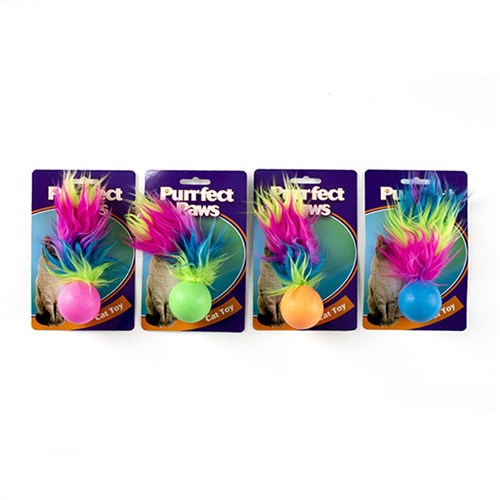Cat Toy TPR Ball w Feather Tail & Bell 4 Asstd Colours