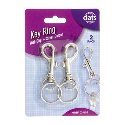 Key Ring Metal Silver w Clip 2pk
