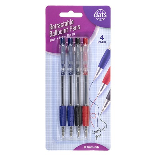 Pen Ballpoint Retractable 4pk Mixed Black Blue Red Ink