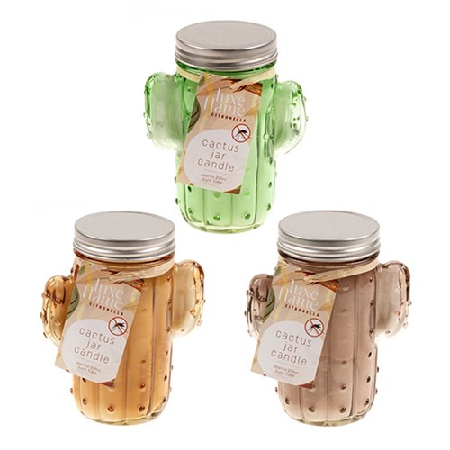 Candle Citronella Cactus Glass Jar w Lid 20HR 3 Asstd Col Pk1