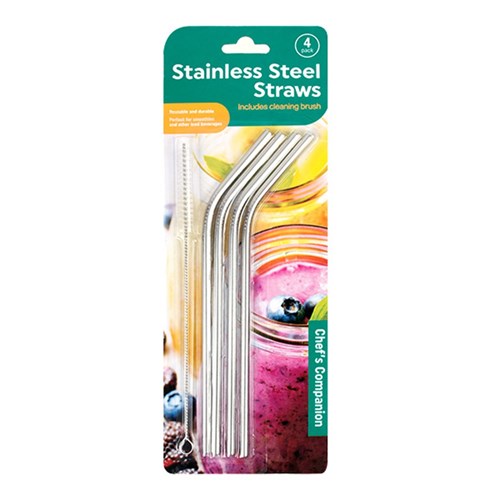 Straws Bent S/Steel 21cm 6mm Dia Pk4 w Cleaning Brush