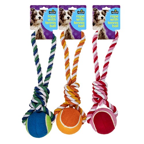 Dog Toy Rope w Tennis Ball L42cm 3 Asstd Colours