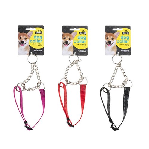 Collar Dog Reflective w Chain Small 1.5x30-40cm 3 Asstd Cols