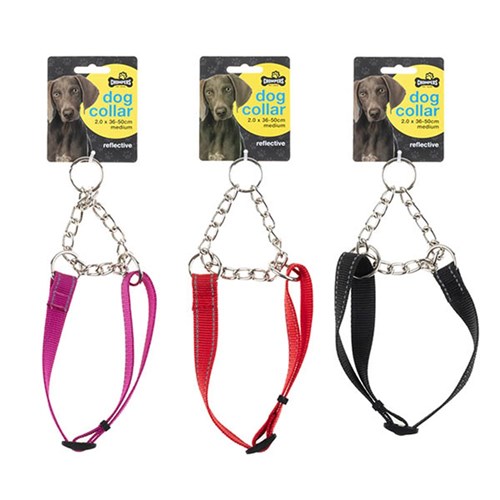 Collar Dog Reflective w Chain Medium 2x36-50cm 3 Asstd Cols