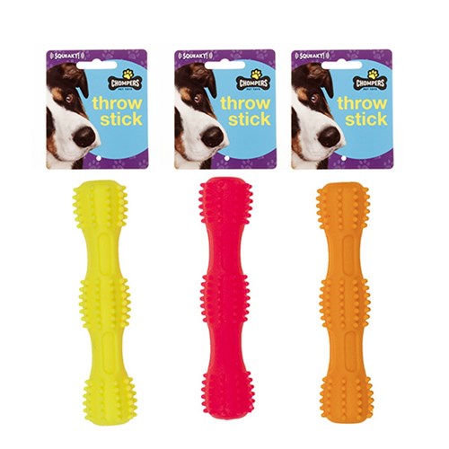 Dog Toy Throw Stick Squeaky 17cm 3 Asstd Colours