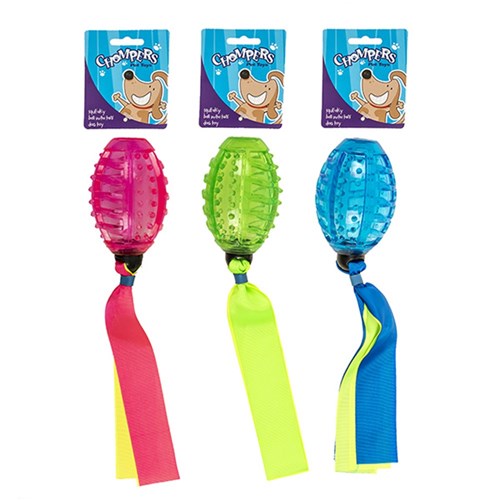 Dog Toy Squeaky Oval TPR Ball 30cm w Ribbons 3 Asst Cols