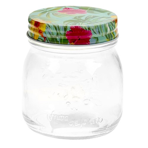 Glass Conserve Jar w Printed Tin Lid Tropical Des 300ml