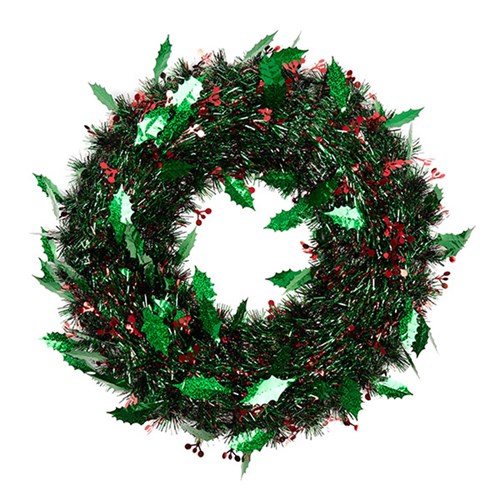 Wreath Xmas PET 44.5cm Green Holly Leaves w Red Berries