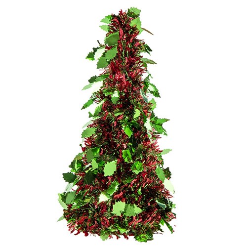 Tree Cone Tinsel Xmas PET 48cm Holly w Red/Green Tinsel