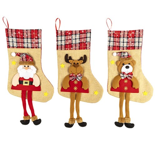 Stocking with Legs Xmas 20x42cm 3 Asstd