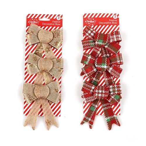 Bow Xmas Glitter Small 3pk 2 Asstd 10x14cm