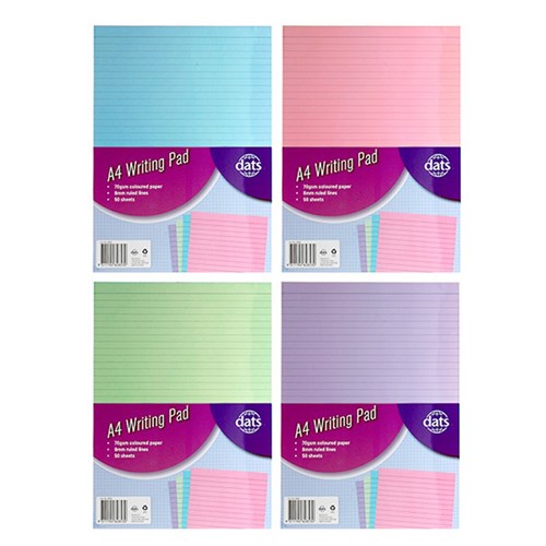 Pad Paper Writing A4 Coloured 70gsm Ruled 50 Sheets 4 Asstd