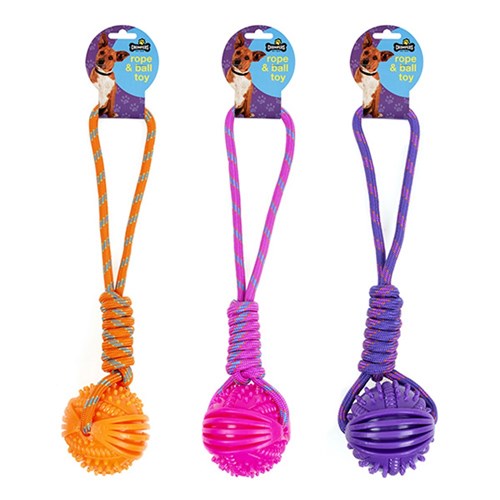 Dog Rope Toy w TPR Ball L40cm 3 Asstd Colours