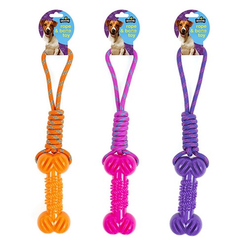 Dog Rope Toy w TPR Bone L40cm 3 Asstd Colours
