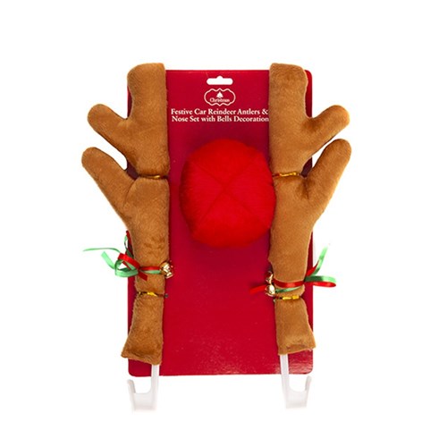 Car Xmas Reindeer Antlers & Nose Set w Bells