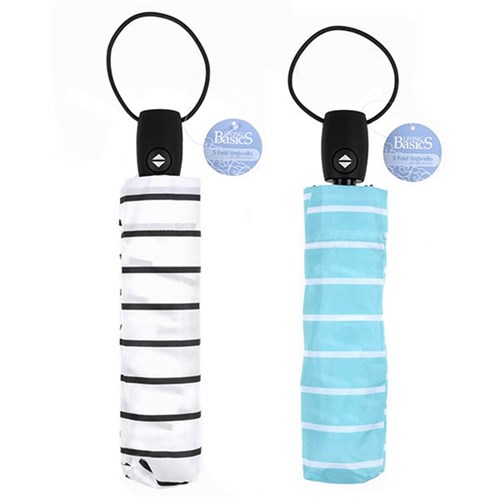 Umbrella 3 Fold Auto Open / Close 98cm Dia Striped 2 Asstd