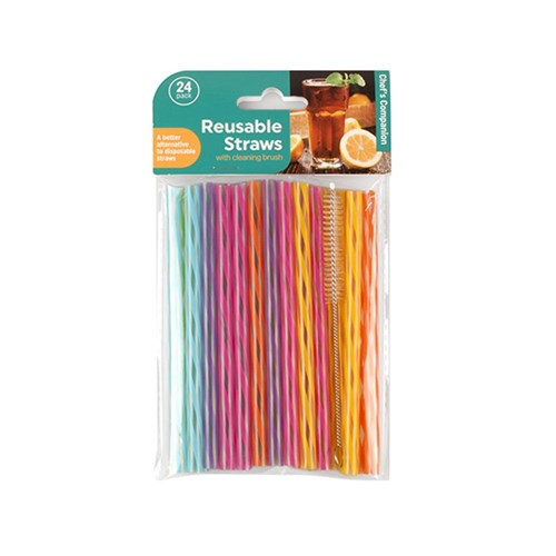 Straws Reusable Straight w Cleaner 4 Asst 24pk 14cm