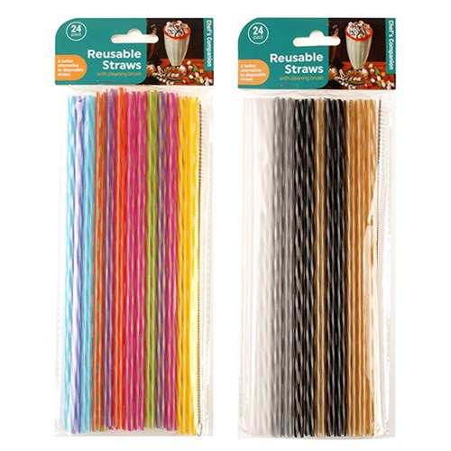 Straws Reusable Straight w Cleaner 4 Asst 24pk 25cm
