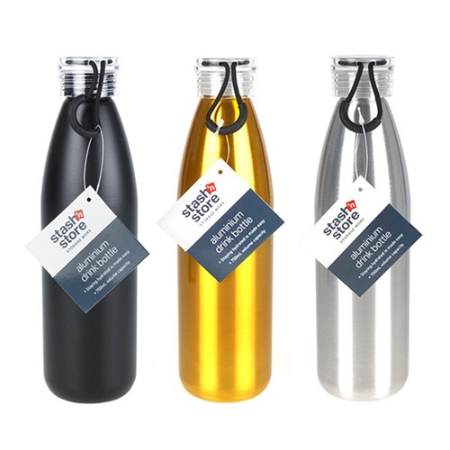 Drink Bottle 750mL 25x7cm 3 Asst Cols Aluminium w PS Lid
