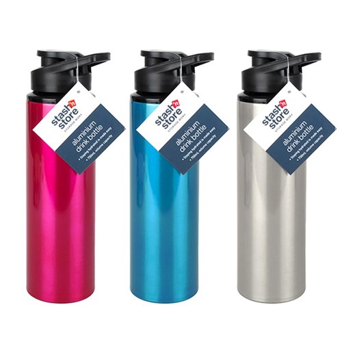 Drink Bottle 750mL 24x7cm 3 Asst Cols Aluminium w PP Lid