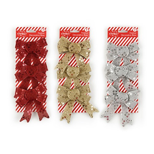 Bow Xmas Glitter 3pk 3 Asstd 10x13cm