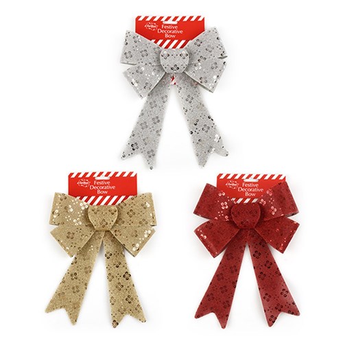 Bow Xmas Glitter 3 Asstd 22x32cm